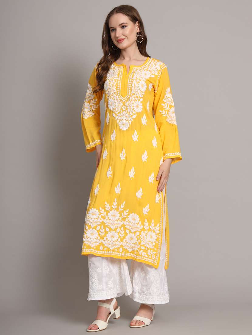 women notch neck chikankari straight kurta - 21541691 - Standard Image - 1
