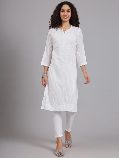 women notch neck chikankari straight kurta - 21541692 - Standard Image - 0