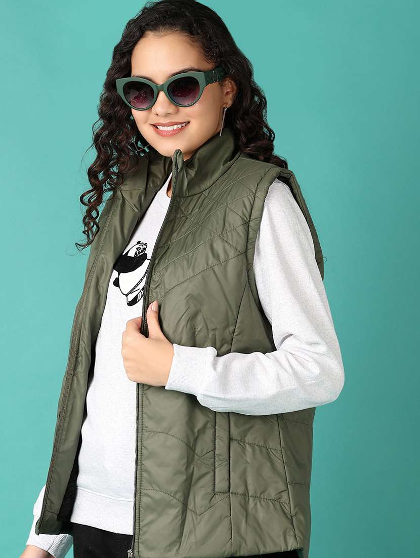 women solid sleeveless bomber jacket - 21542523 -  Standard Image - 1