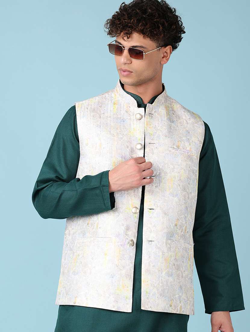 men printed mandarian neck nehru jacket - 21542533 -  Standard Image - 1
