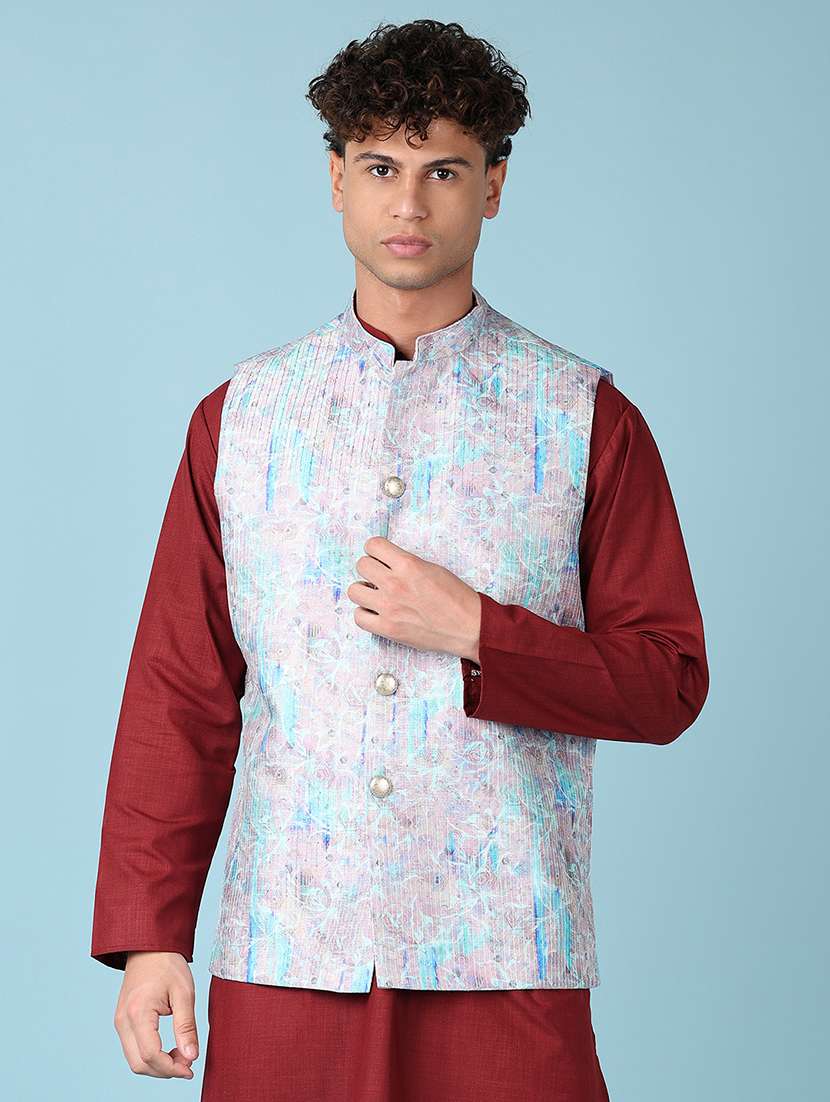 men printed mandarian neck nehru jacket