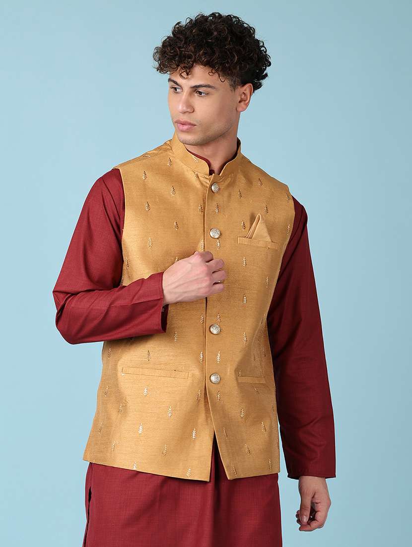 men embroidered mandarian neck nehru jacket