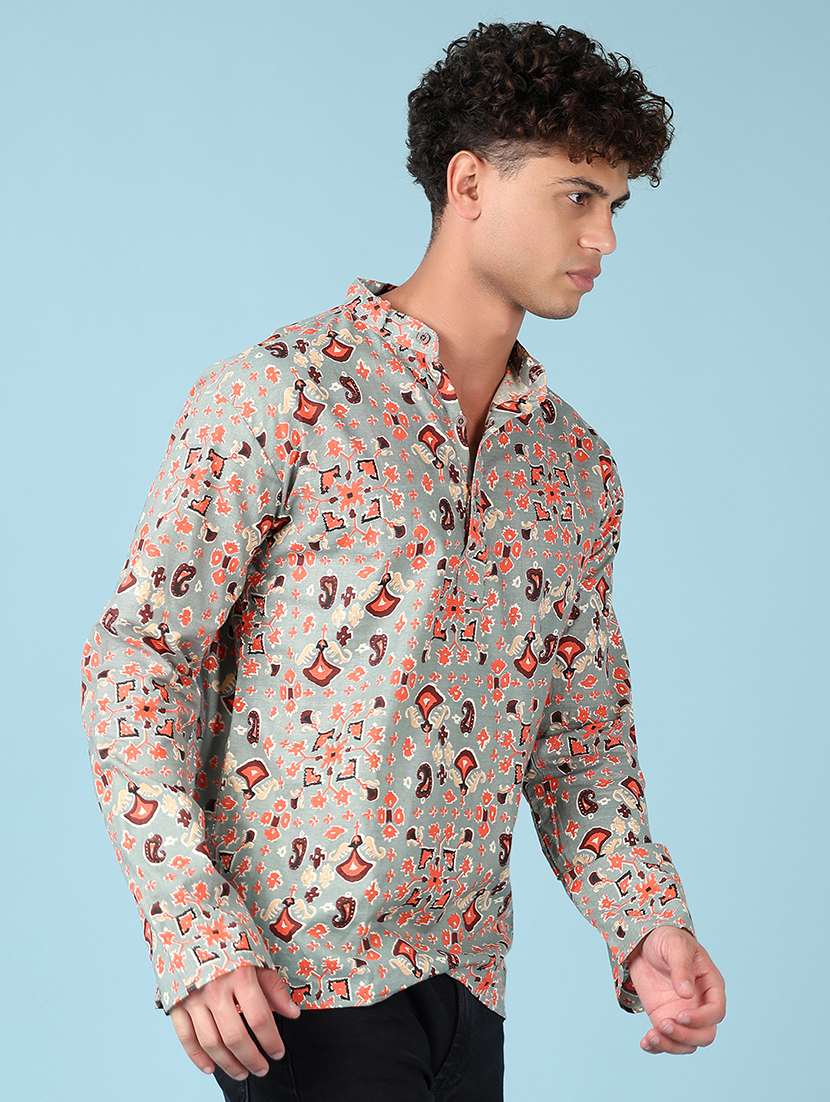 men mandarin neck printed short kurta - 21542578 -  Standard Image - 1