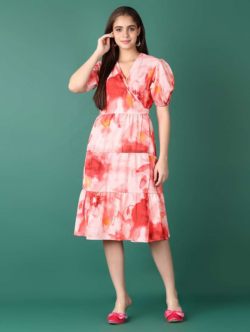 women printed puff sleeves wrap dress - 21542652 -  Standard Image - 1