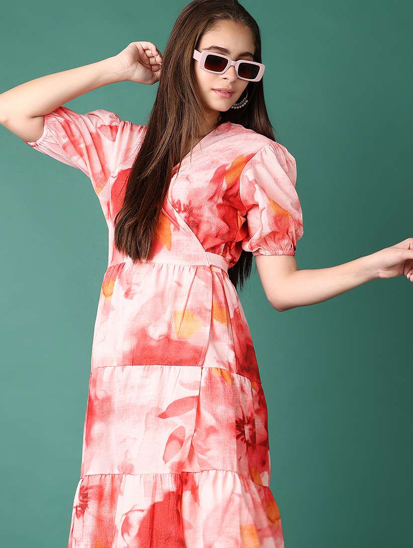 women printed puff sleeves wrap dress - 21542652 -  Standard Image - 4