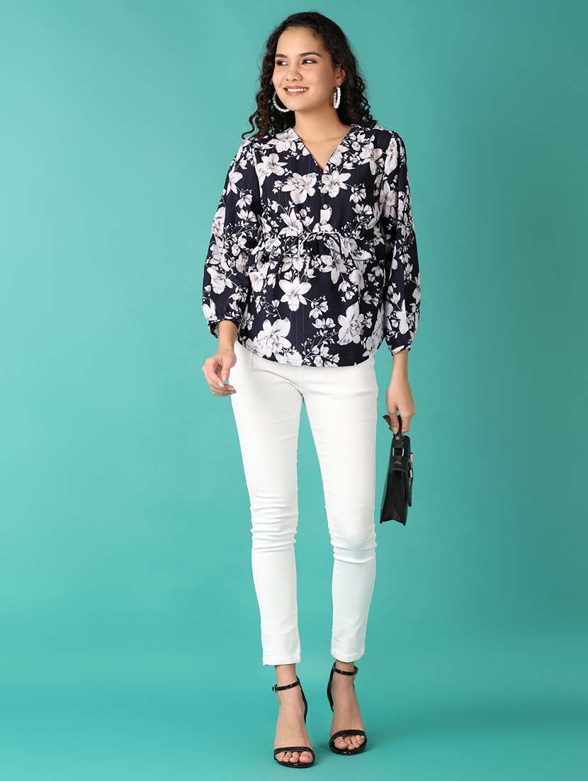 women navy blue floral v neck regular top - 21542904 - Standard Image - 4
