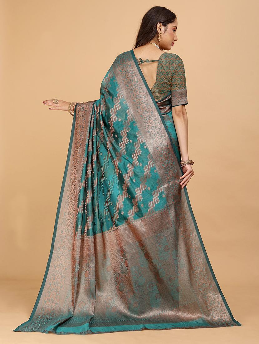 women teal self design bordered saree - 21543936 - Standard Image - 1