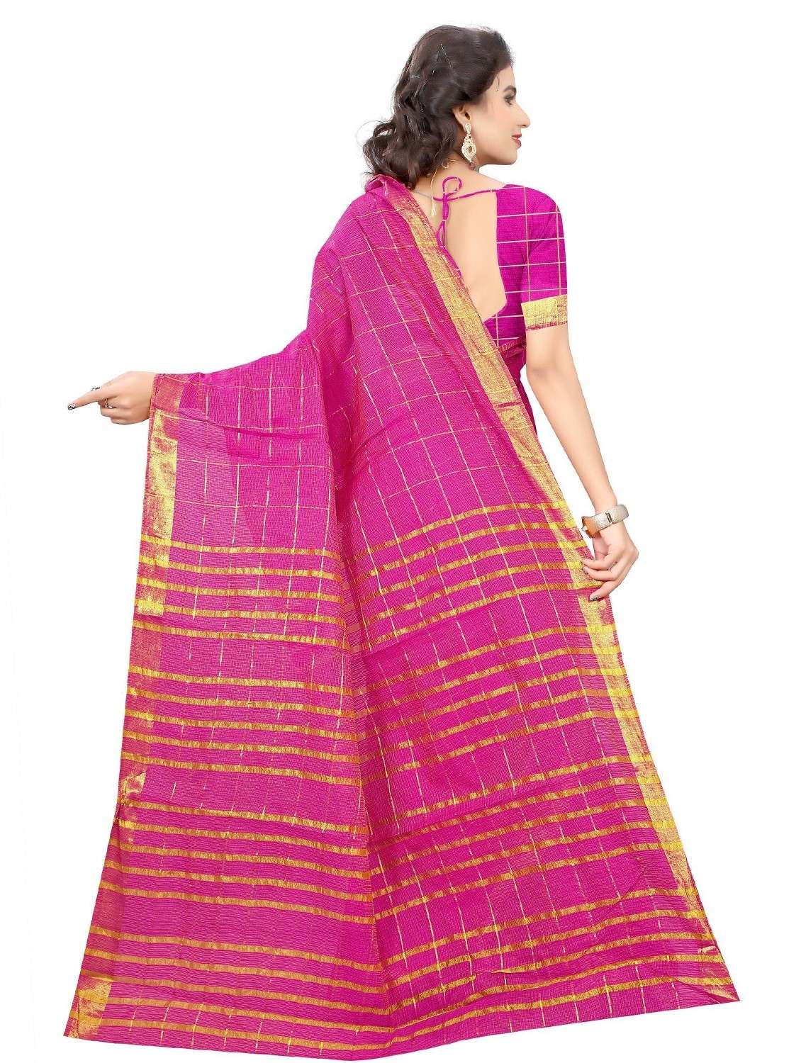 women pink checks bordered saree - 21544056 -  Standard Image - 1