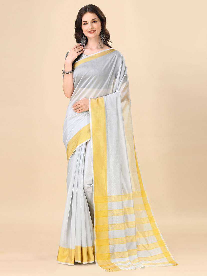 women grey solid bordered saree