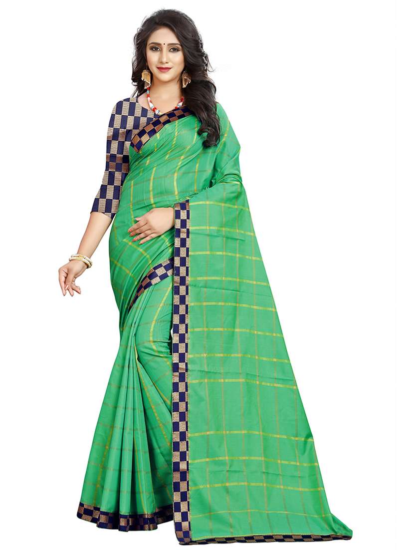 women green checks lace work saree