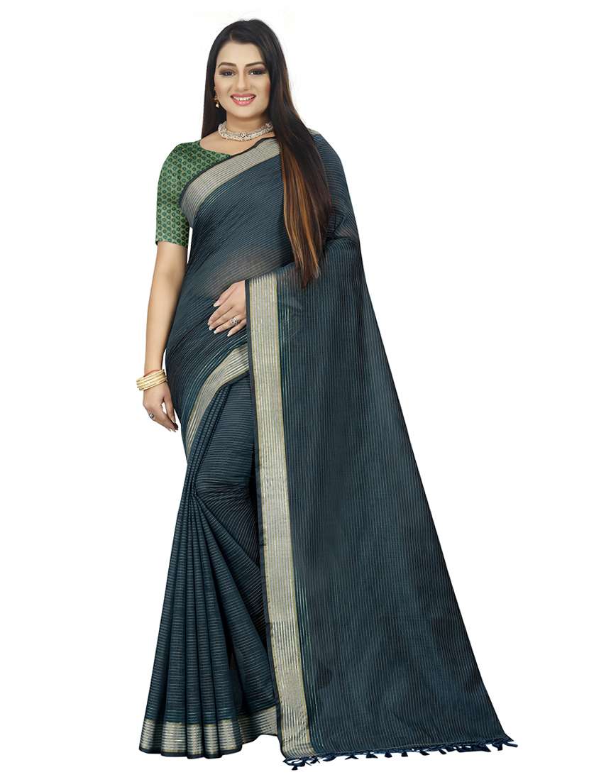 women teal stripes printed saree