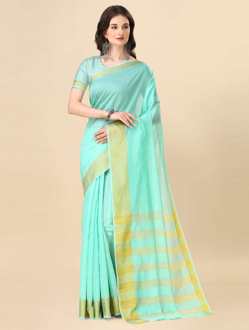 women sea green solid bordered saree