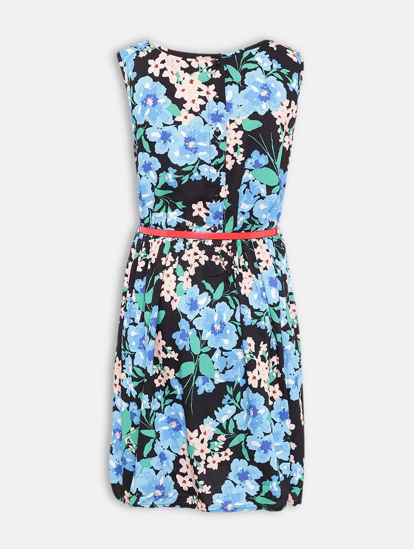 girls turquoise floral printed fit & flare dress - 21544646 - Standard Image - 1