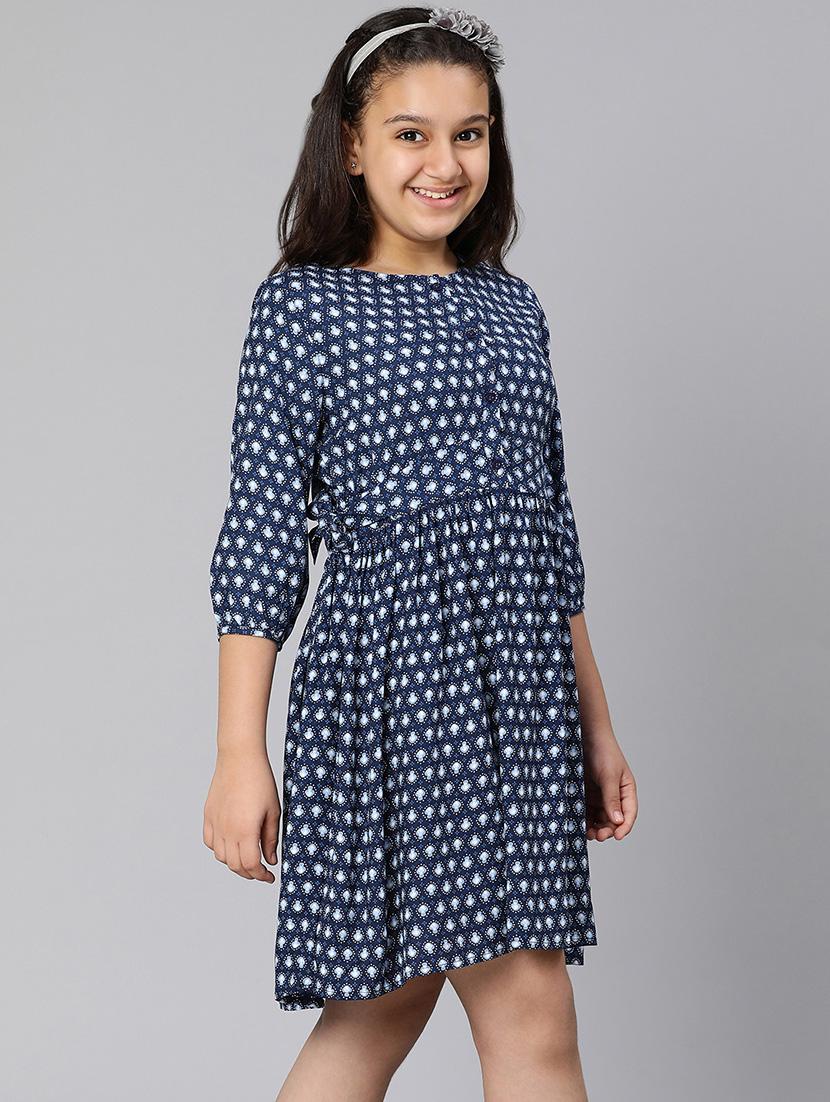 girls blue polka dot printed fit & flare dress - 21544650 - Standard Image - 1