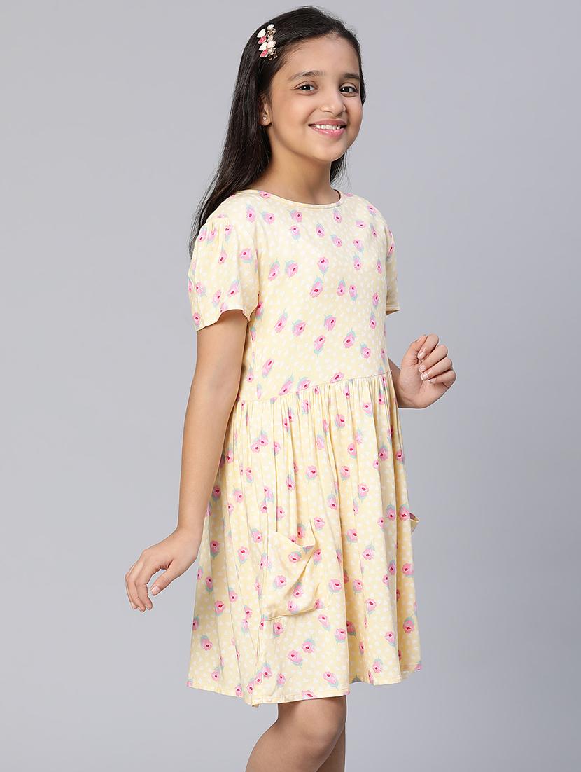 girls yellow floral printed fit & flare dress - 21544651 - Standard Image - 1