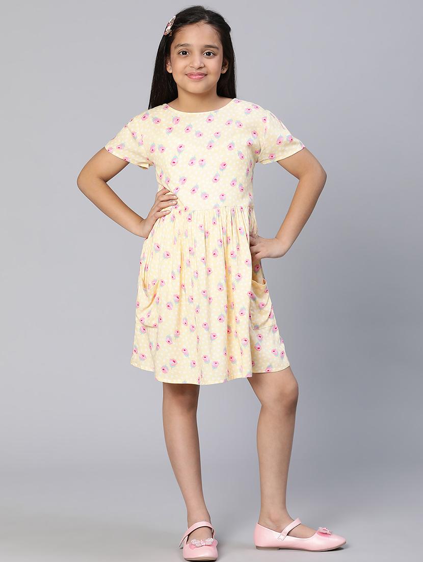 girls yellow floral printed fit & flare dress - 21544651 - Standard Image - 4