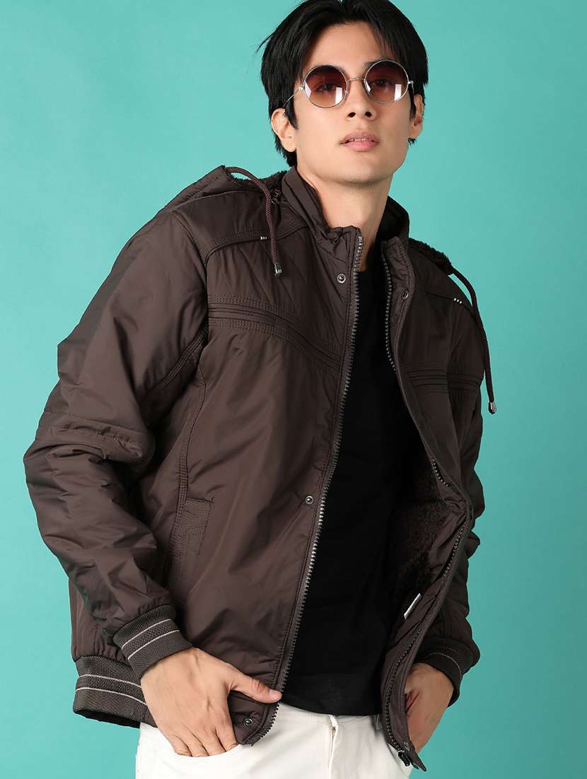 brown solid casual jacket - 21544974 -  Standard Image - 1
