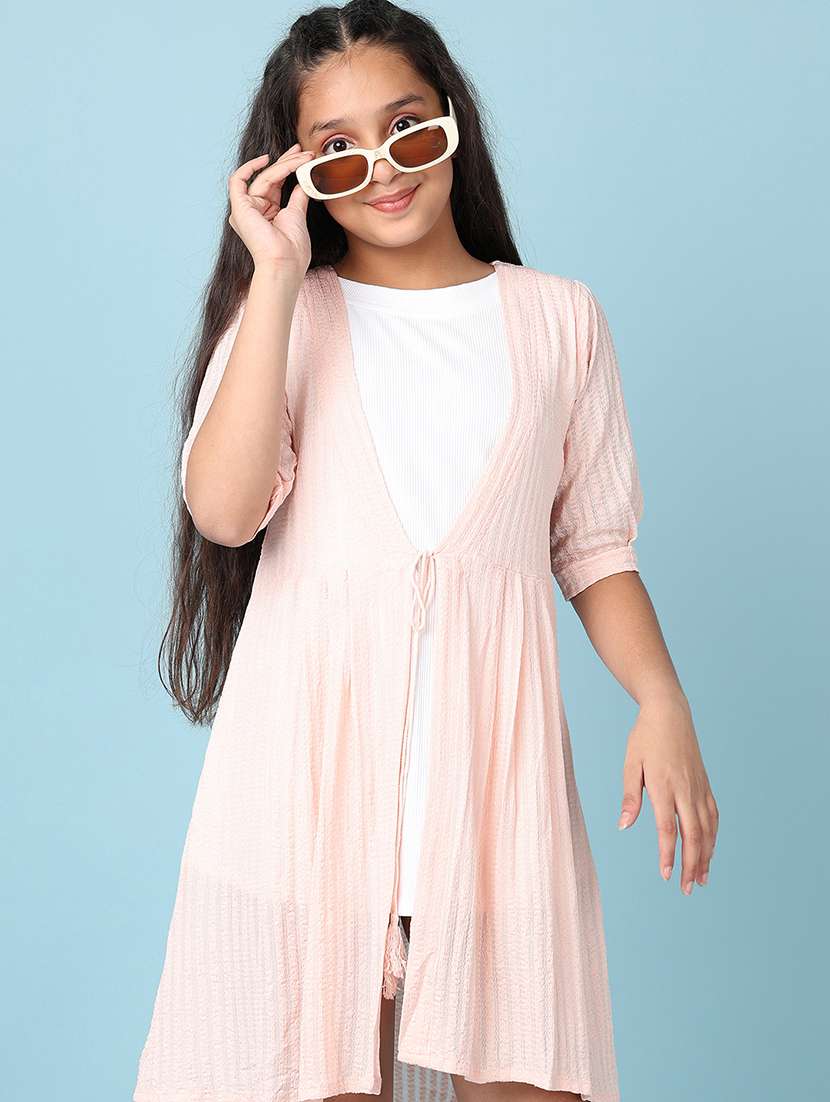 girls peach self design a-line dress - 21545076 -  Standard Image - 4