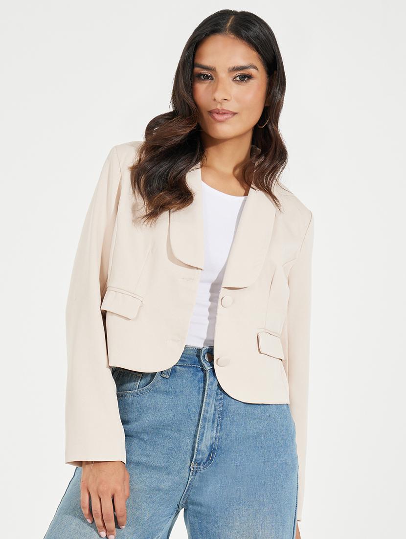 women beige solid casual blazer - 21546976 - Standard Image - 1