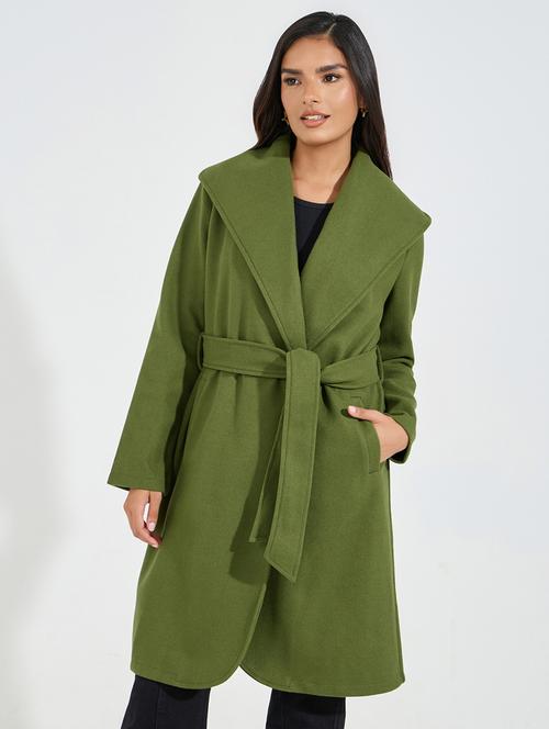 women olive solid trench coat - 21546979 - Standard Image - 0