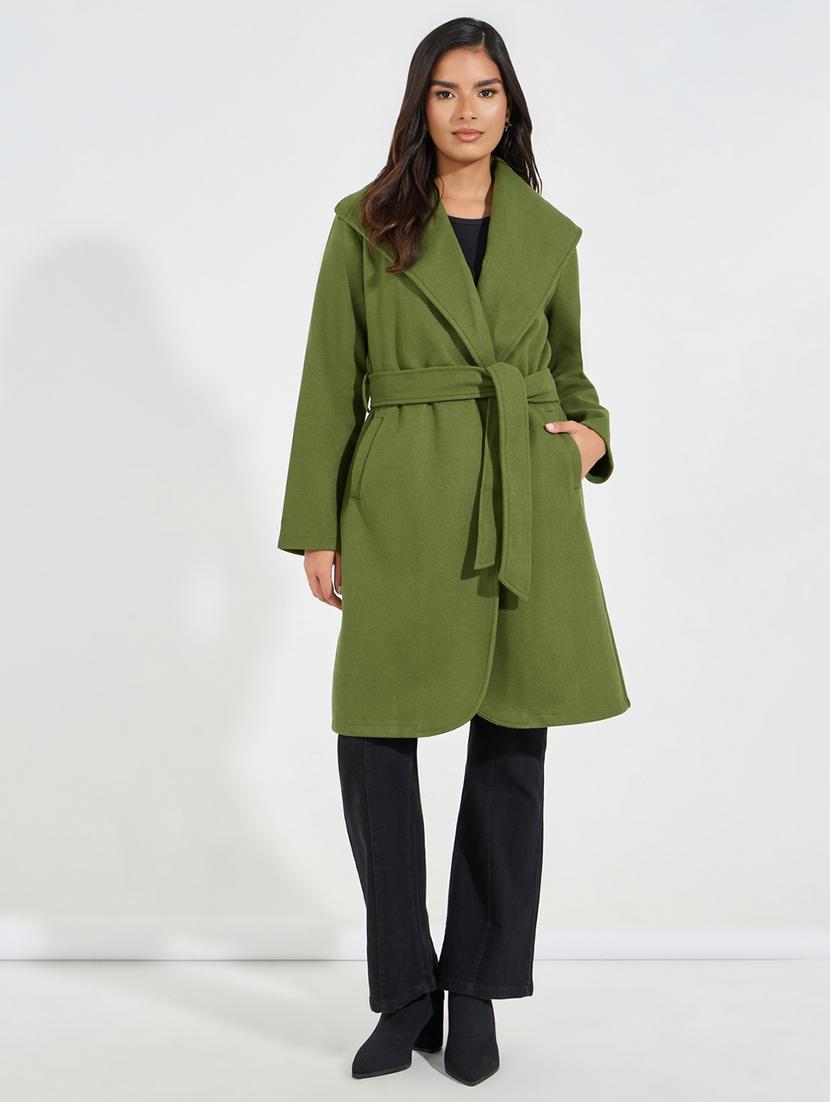 women olive solid trench coat - 21546979 - Standard Image - 1