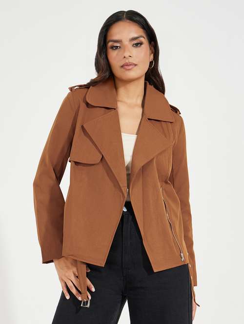 women brown solid biker jacket - 21547018 -  Standard Image - 0