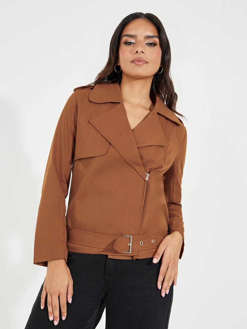 women brown solid biker jacket - 21547018 - Standard Image - 1