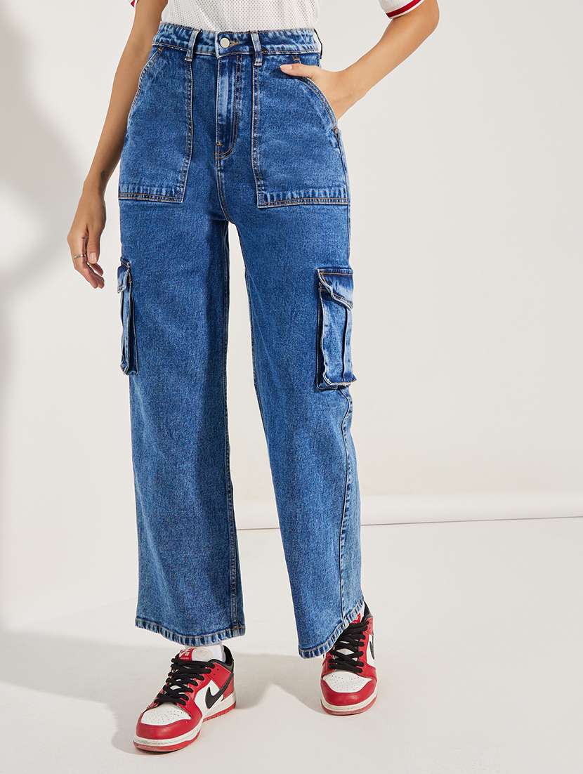 women blue solid cargo