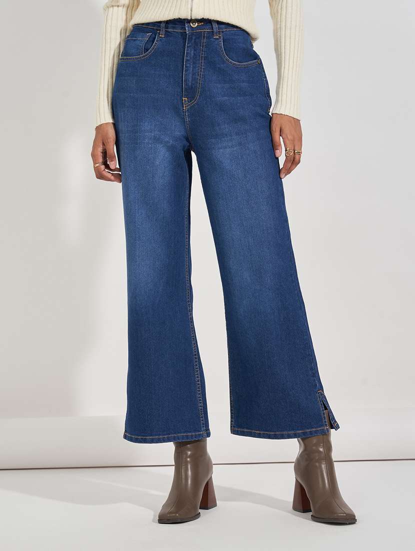 women blue plain bootcut jean