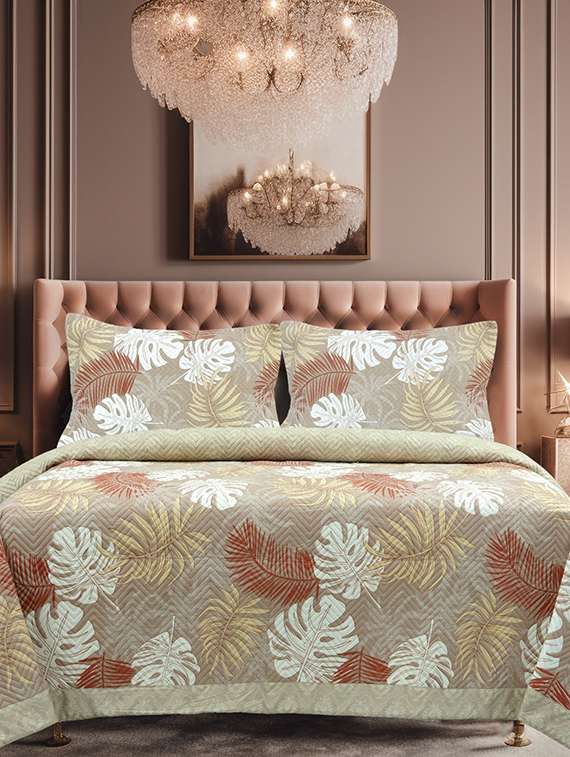 veahome cotton tropical printed king size bedcover - beige