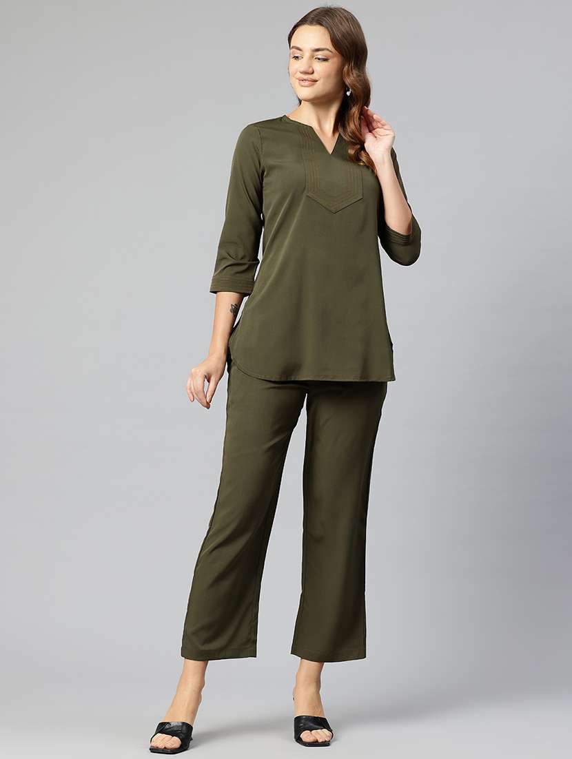 women olive solid top and trouser co-ord set