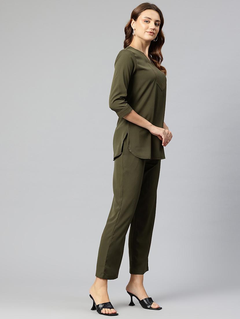 women olive solid top and trouser co-ord set - 21547539 - Standard Image - 1