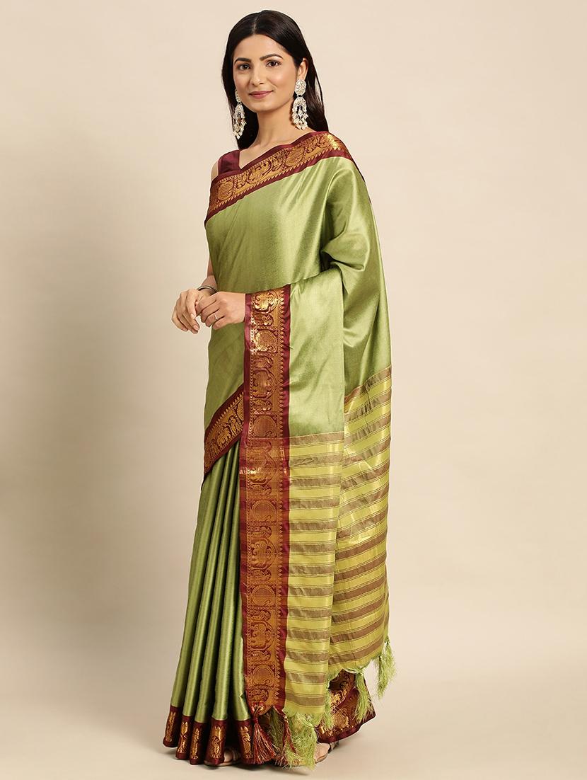 women solid zari bordered saree - 21549812 - Zoom Image - 0