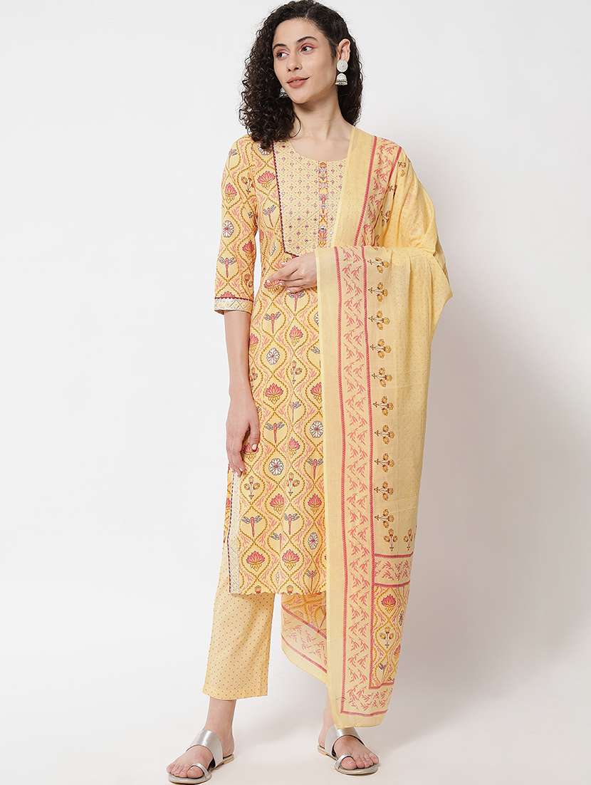 women yellow three quarter sleeve suit set