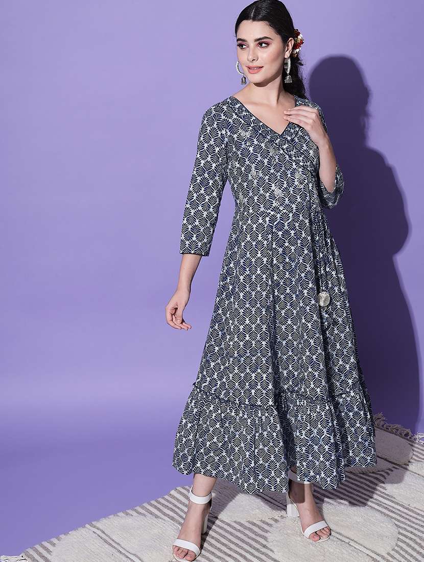 women blue printed anarkali kurta