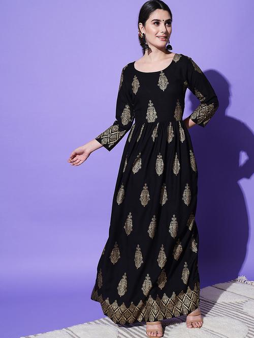 women black foil printed anarkali kurta - 21549936 - Standard Image - 0