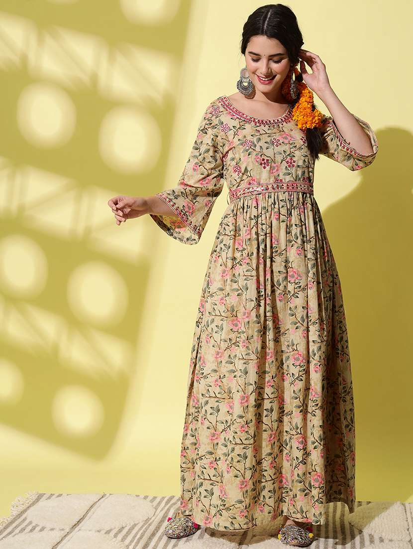 women beige floral printed anarkali kurta