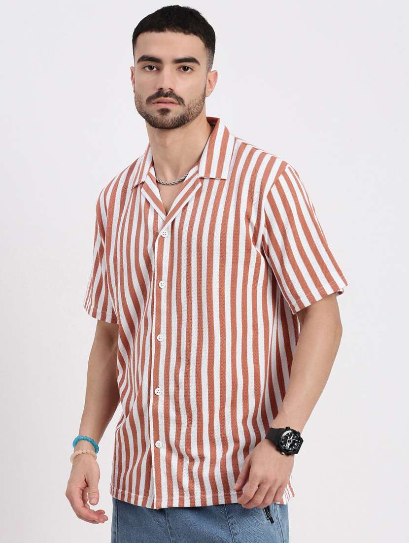 men vertical striped short sleeve casual shirt - 21550065 -  Standard Image - 1