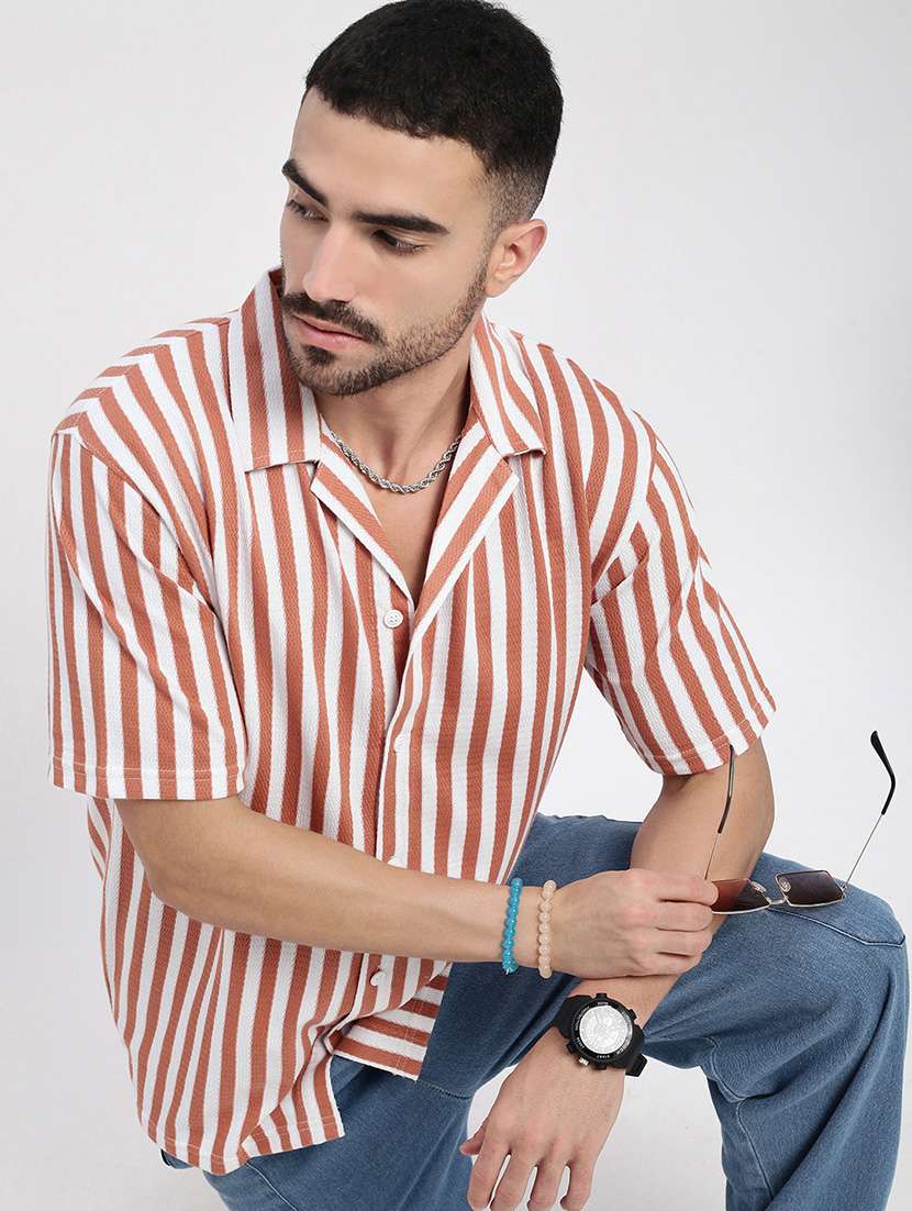 men vertical striped short sleeve casual shirt - 21550065 -  Standard Image - 4