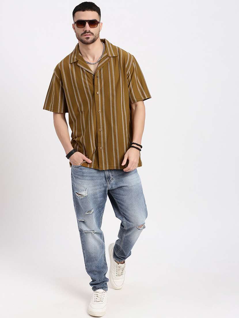 men vertical striped short sleeve casual shirt - 21550077 -  Standard Image - 4