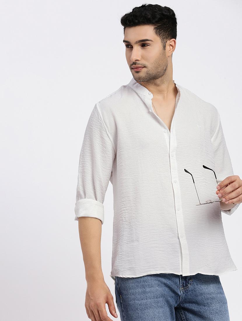 men solid mandrain neck long sleeve casual shirt - 21550122 -  Standard Image - 1