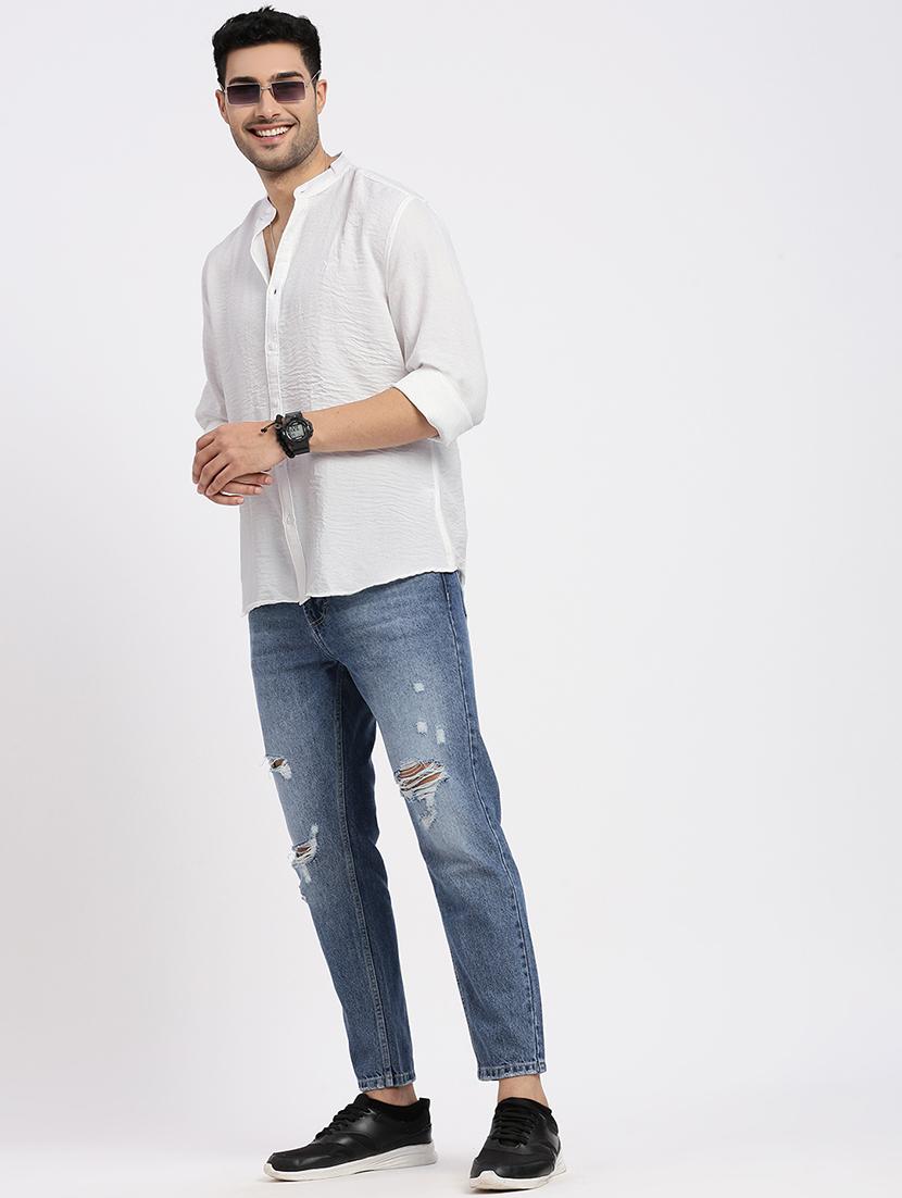 men solid mandrain neck long sleeve casual shirt - 21550122 - Standard Image - 4