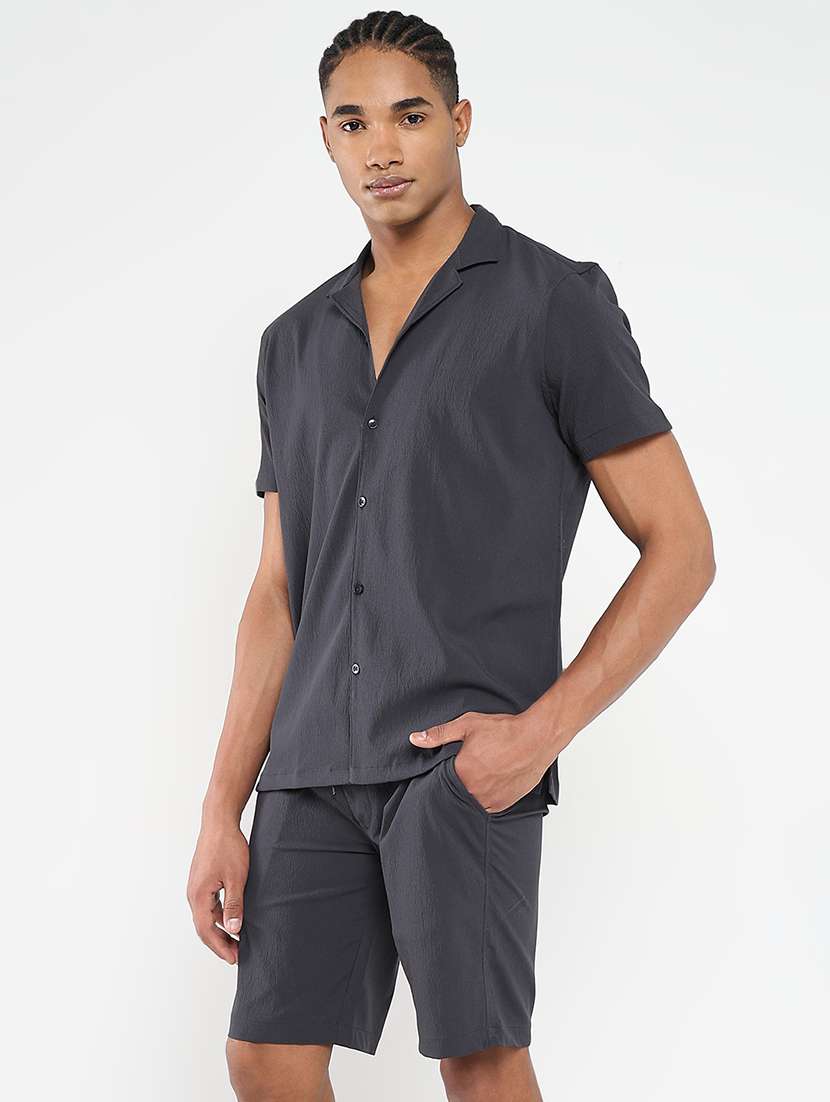 men solid shirt and short co-ord set - 21550164 - Standard Image - 1