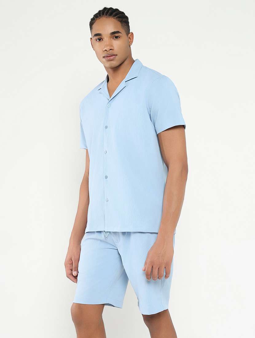 men solid shirt and short co-ord set - 21550169 -  Standard Image - 1