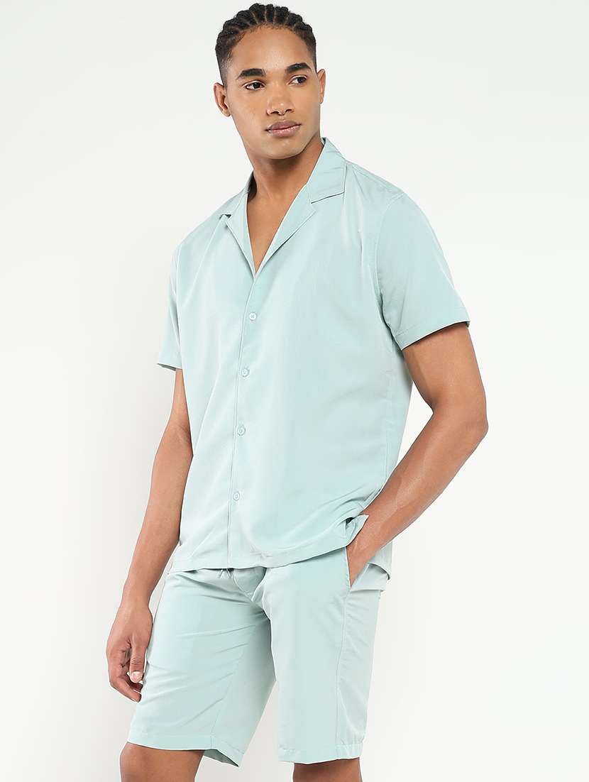 men solid shirt and short co-ord set - 21550172 - Standard Image - 1