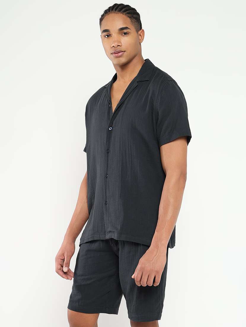 men solid shirt and short co-ord set - 21550175 - Standard Image - 1