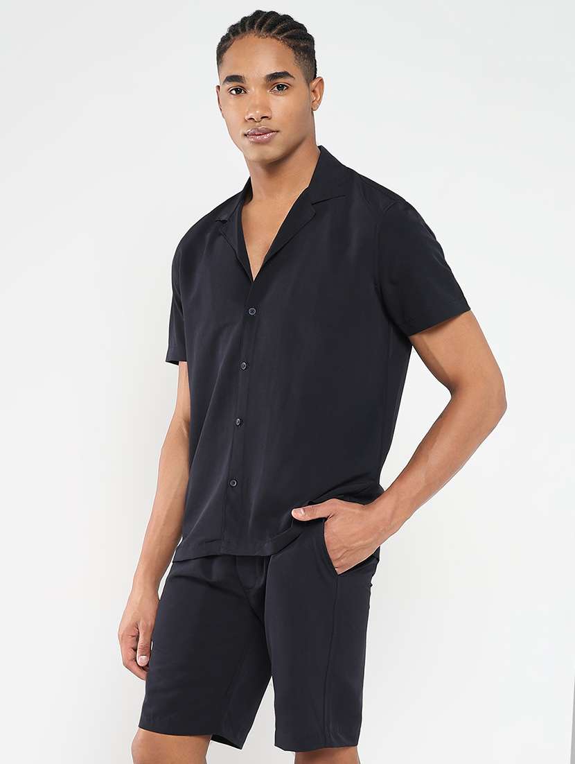 men solid shirt and short co-ord set - 21550176 -  Standard Image - 1