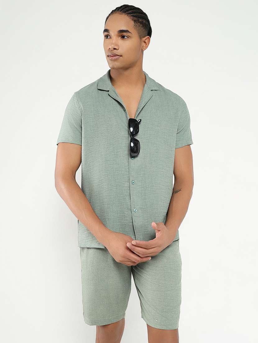 men solid shirt & shorts co-ord set - 21550200 -  Standard Image - 1