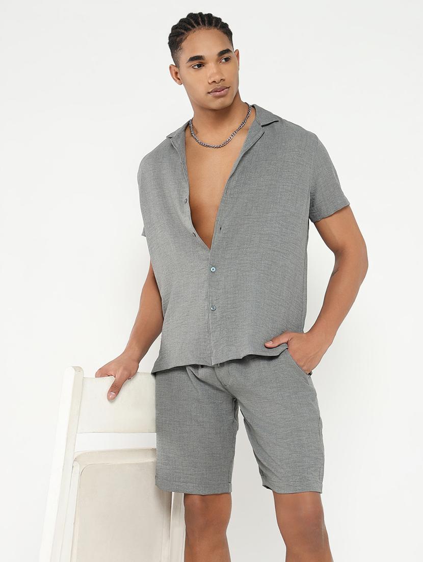 men solid shirt & shorts co-ord set - 21550202 - Standard Image - 1
