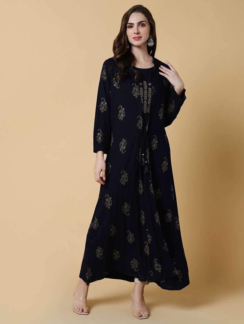 women round neck a-line kurta with printed jacket - 21550251 - Standard Image - 1